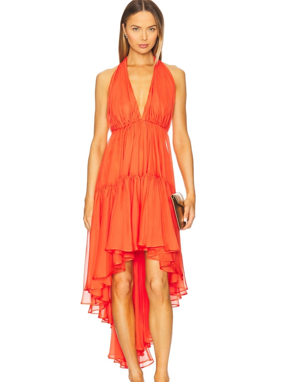 Halter High-Low Evening Dress in Vibrant Orange